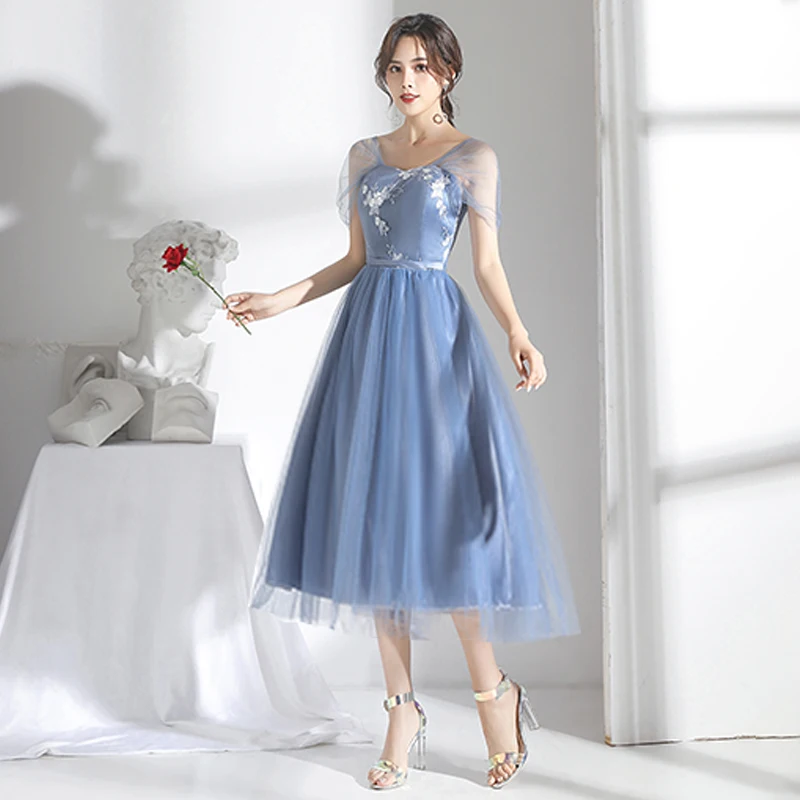 Серое синее длинное Тюлевое платье подружки невесты длиной до середины икры с вышивкой элегантное женское платье трапециевидной формы для свадебной вечеринки платье для выпускного вечера Azul Royal Vestido