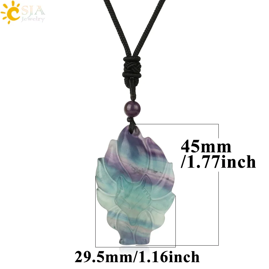 CSJA Natural Stone Fluorite Pendants& Necklaces Engraved Nine-tailed Fox Rose Flower Carved Reiki Lucky Pendant Women Men G286 - Окраска металла: Fox-B