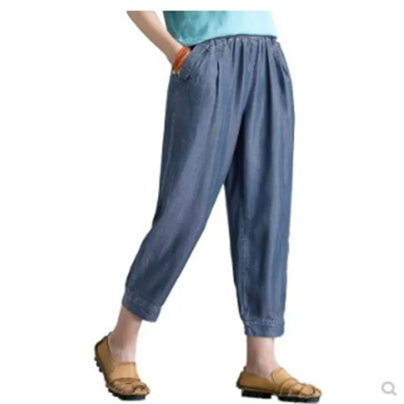 Женские повседневные штаны среднего возраста летние брюки с плотной талией девять минут Шелковые джинсы шаровары женские Большие размеры 4XL