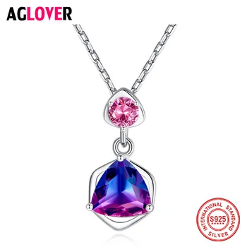 

AGLOVER Fashion S925 Sterling Silver Necklace Triangle Rainbow Zircon for Women All-match Luxury Wedding Jewelry Gift