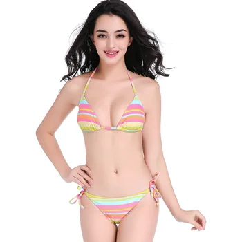 

Two-Piece Bikini Swimsuit Rainbow Striped Lace-up Selfie Model Zipper Women's Bikini Split Steel Plate Gathered Strap Bikini