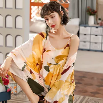 

3Pcs Autumn Pajama Set Sleepwear Women Floral Printed Fresh Leaves Cardigan+Camisole+Pants Homewear Pajamas Dropshipping