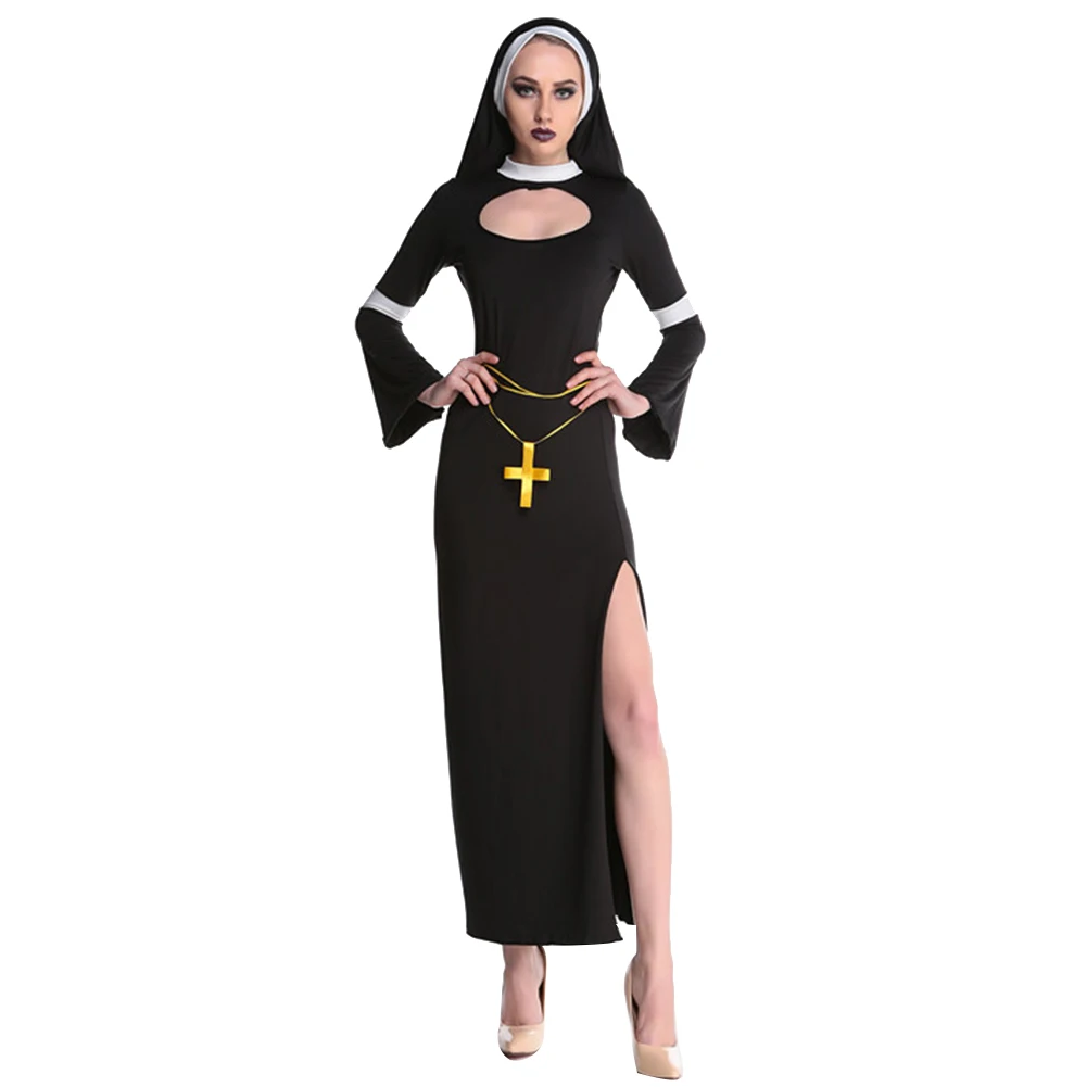 Сексуальные женские вечерние костюмы монашки на Хэллоуин с длинным рукавом и высоким разрезом для костюмированной вечеринки