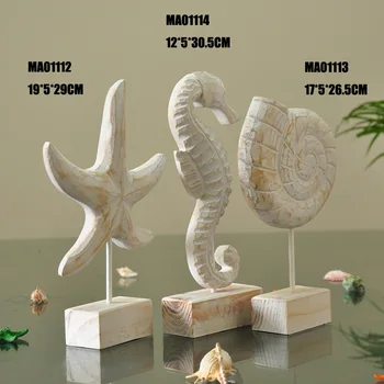 

Mediterranean Style Wood Crafts Home Decoration Wooden Crafts Starfish Conch Hippocampus Wood Carving Marine Decor Gift