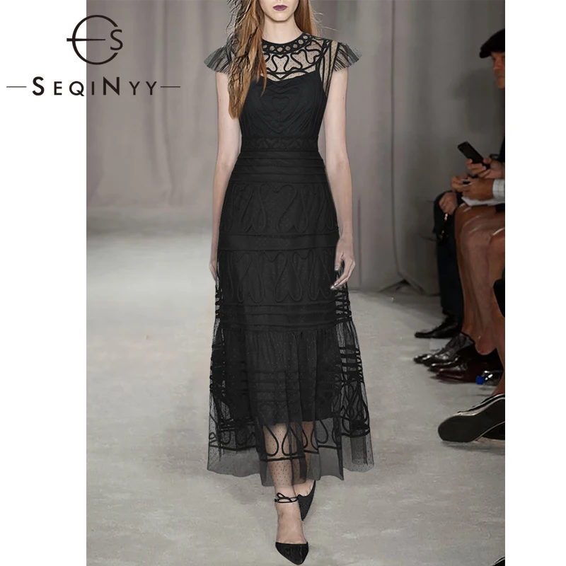 

SEQINYY Dress Elegant 2020 Summer Spring New Fashion Design Women Short Sleeve Mesh Dot Stripes Long Dress Sexy