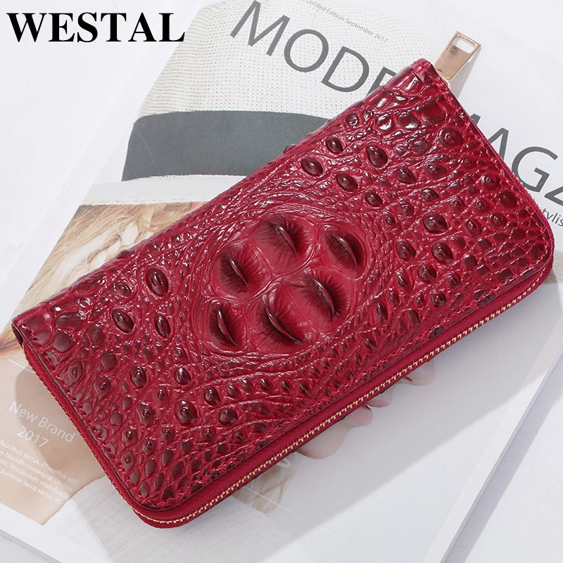 Женский кошелек WESTAL Alligator длинный кожаный бумажник с застежкой-молнией и