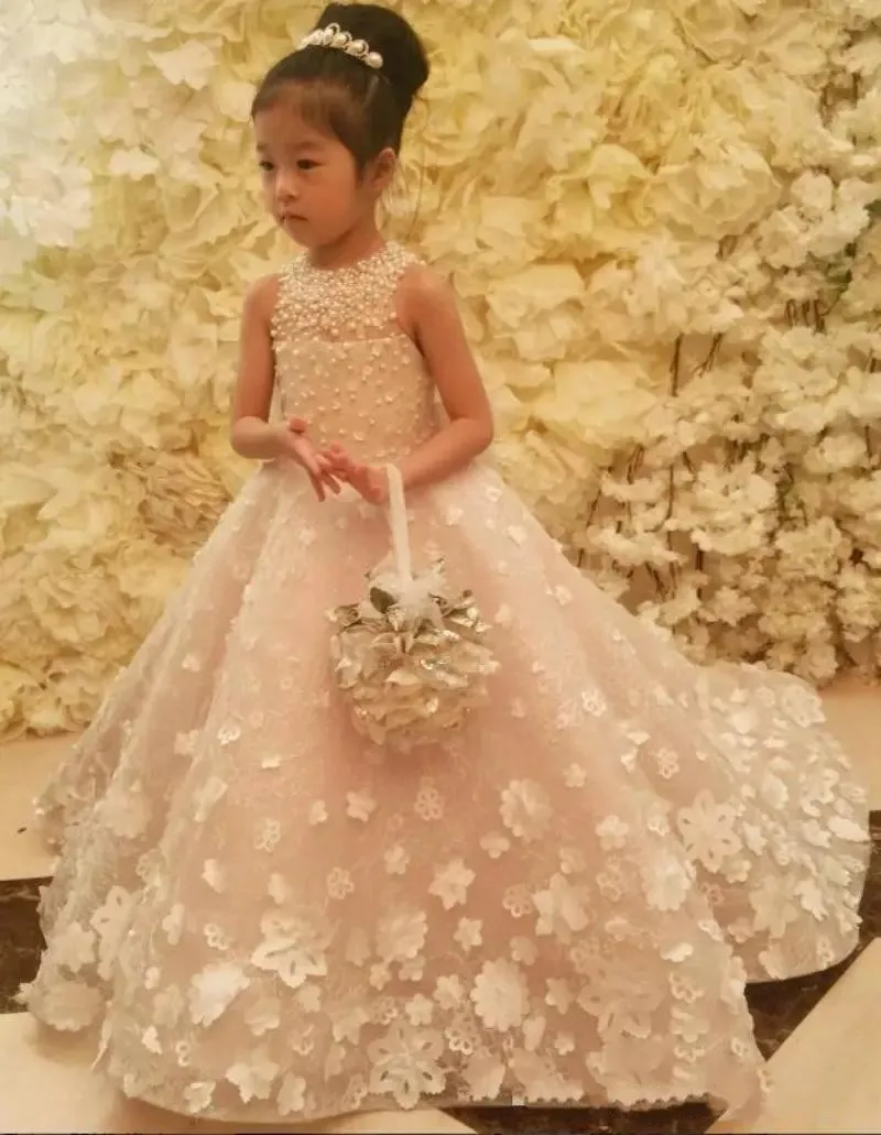 

2021 Cute Spaghetti Handmade Flower Girls Dresses Bow Belt Pearls Princess Kids Floor Length Bridesmaid Dress Girl Pageant Wear