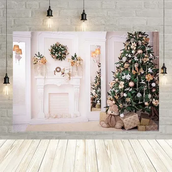 

Avezano Christmas Tree Bear Gift Fireplace White Wall Lights Garland Party Decoration Backdrop Photo Background Custom Studio