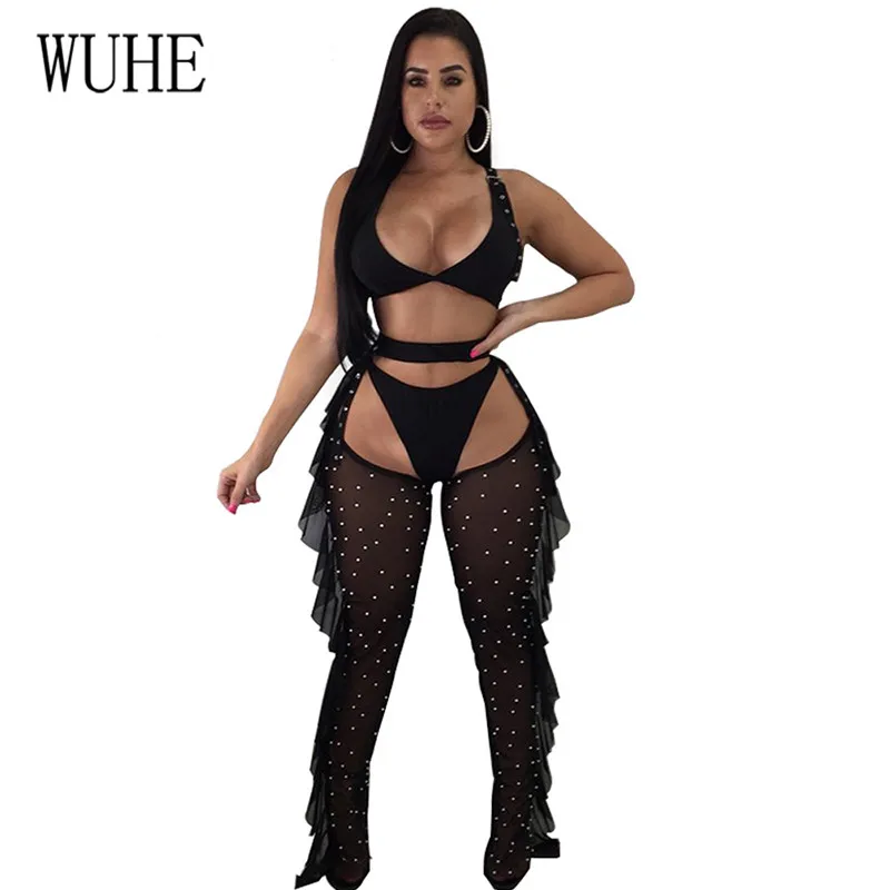 

WUHE Pearl Beaded Fashion Neon Green Tracksuit Women Three Piece Set Bodysuit And Ruffles Mesh Sheer Pants Bodycon Outfits
