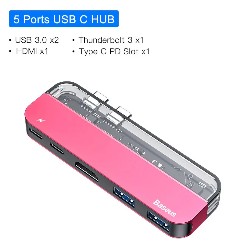Baseus Dual Тип-C 7in1 USB 3,0 Тип C концентратор HDMI RJ45 адаптер для MacBook Pro OTG usb-хаб 3,0 PC компьютерных аксессуаров - Цвет: Red 5 in 1 USB HUB
