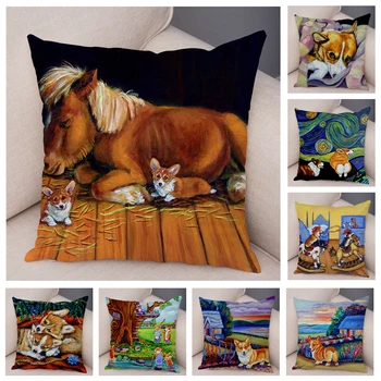 

Soft Plush Welsh Corgi Pembroke Cushion Cover for Sofa Children Room Decor Cartoon Animal Pillowcase Oil Painting Pillow Case