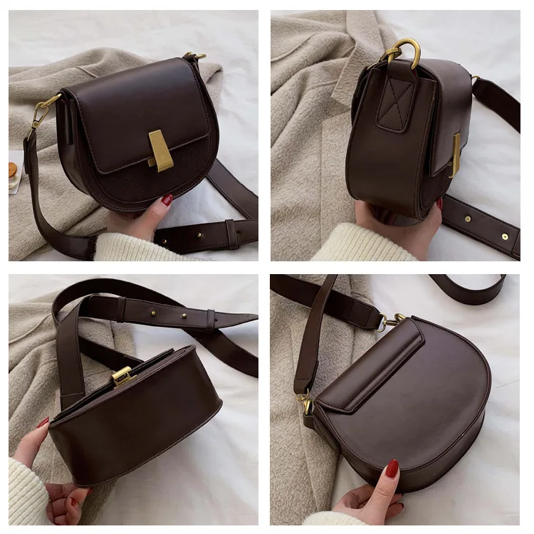 

2019 Winter New Style WOMEN'S Bag Lock Small round Bag Solid Color Joint Flip Semi-Circular Shoulder Bag Korean-style Shoulder B