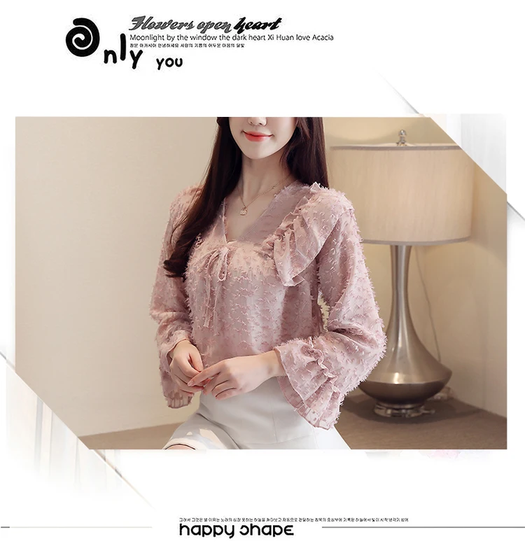 Blusas mujer de moda, женские топы, шифоновая блузка, розовые рубашки, Женские топы и блузки с бантом, одноцветная, v-образный вырез, рукав-клеш, 5755 50