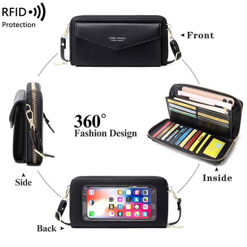 New RFID Anti-theft Brush Female Wallet Fashion Touch Screen Mobile Phone Ladies Bag Women Long Messenger Single Shoulder Wallet
