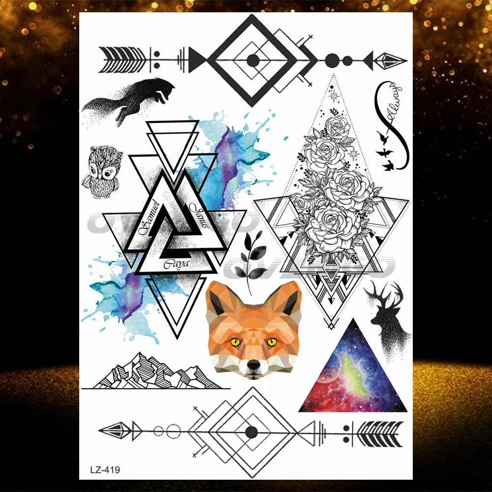Wolf Triangle Fox Temporary Tattoos For Children Men Fake Elk Flower Tattoo Body Arm Hands Mountain Tatoo Feather Geometric Wave tattoo sticker temporary tattoos