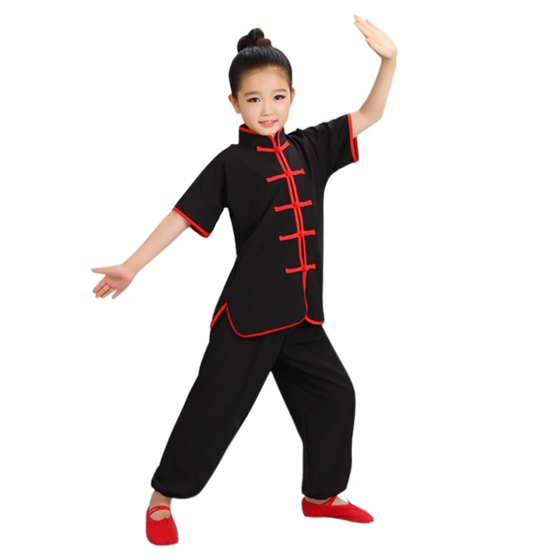 blackshort with belt New Wushu Costume Children Chinese Traditional Clothing Kids Martial Arts Uniform Kung Fu Suit Girls Boys Stage Performance Set - Цвет: blackshort with belt
