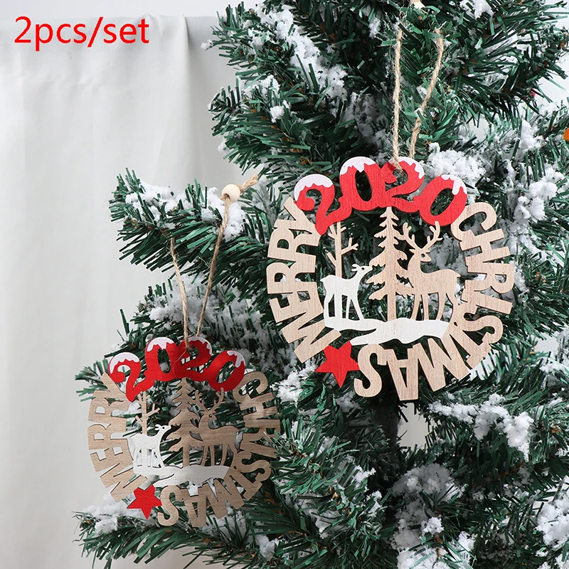 2pcs Wooden Hollow Out Merry Christmas Letter Hanging Pendant Ornament for Tree