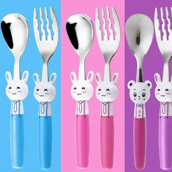 

304 Stainless Steel Children Spoons Kids Feeding Tableware Cute Cartoon Rabbit Fork Spoon Set Maternal Baby Supplies U50F