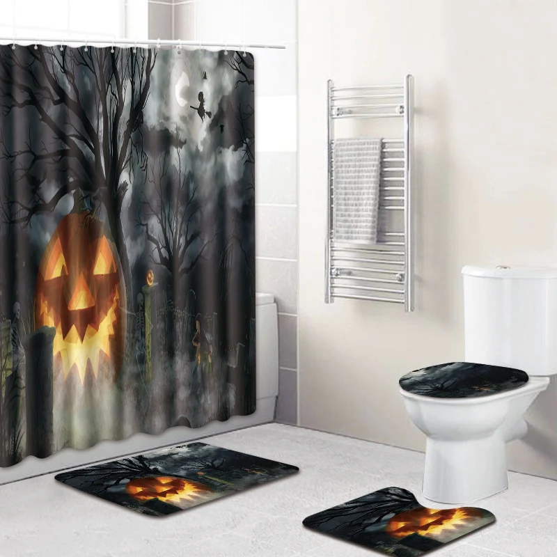 180X180Cm Waterproof Bathroom Shower Curtain Toilet Cover Mat Non-Slip Rug Set 6x Hooks