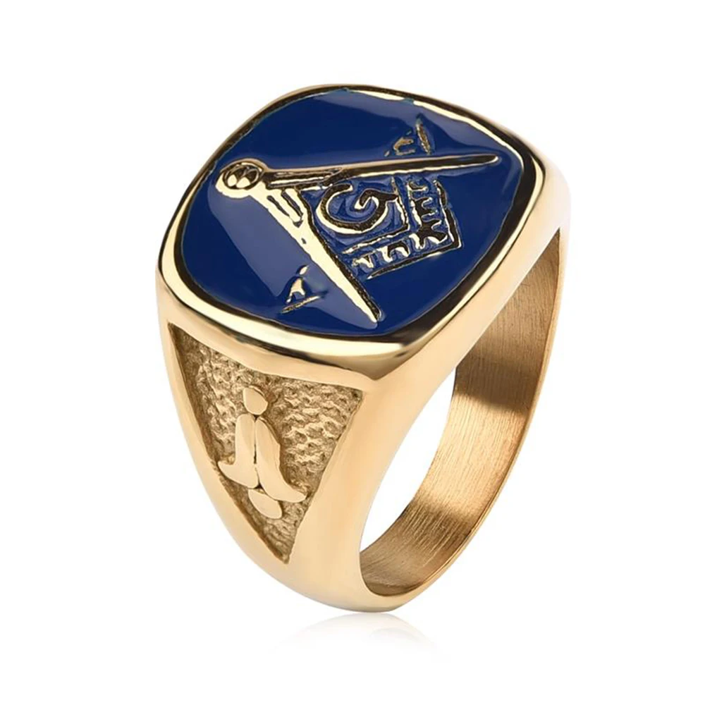 

Shengmei Punk Style Unique Vintage Blue Masonic AG Badge Rings Golden 316L Stainless Steel Gothic Men's Ring Gift