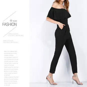 

Women Black Jumpsuits Sexy Off The Shoulder Chiffon Playsuits Fashion Casual Short Sleeves Printed Bodysuits