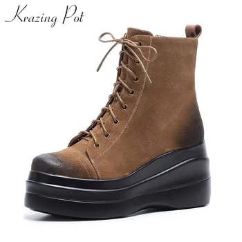 

krazing pot thick bottom platform vintage cow leather boots round toe lace up campus punk winter women fashion ankle boots L63