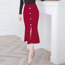 Красная Осенняя миди юбка-годе Женская высокая талия пакет хип-обернутый Сплит Bodycon Юбка винтажная Повседневная Женская юбка офисная