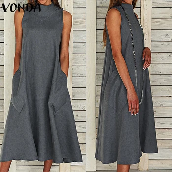 

VONDA Bohemian Cotton Dress 2020 Womens Sexy V Neck Sleeveless Maxi Long Dresses Casual Loose Party Vestidos Sundress Robe Femme