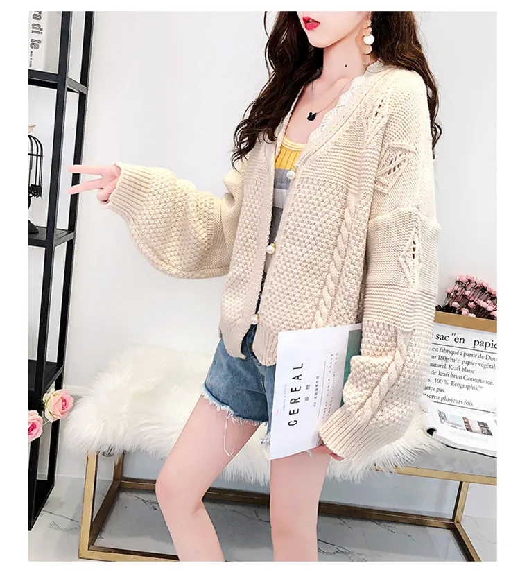 HF1950 Beige H. SA женский короткий осенний свитер и кардиганы жемчуг бисер негабаритных трикотажные джемперы зеленая верхняя одежда вязаный Топ зимняя куртка Ctop - Цвет: HF1950 Beige