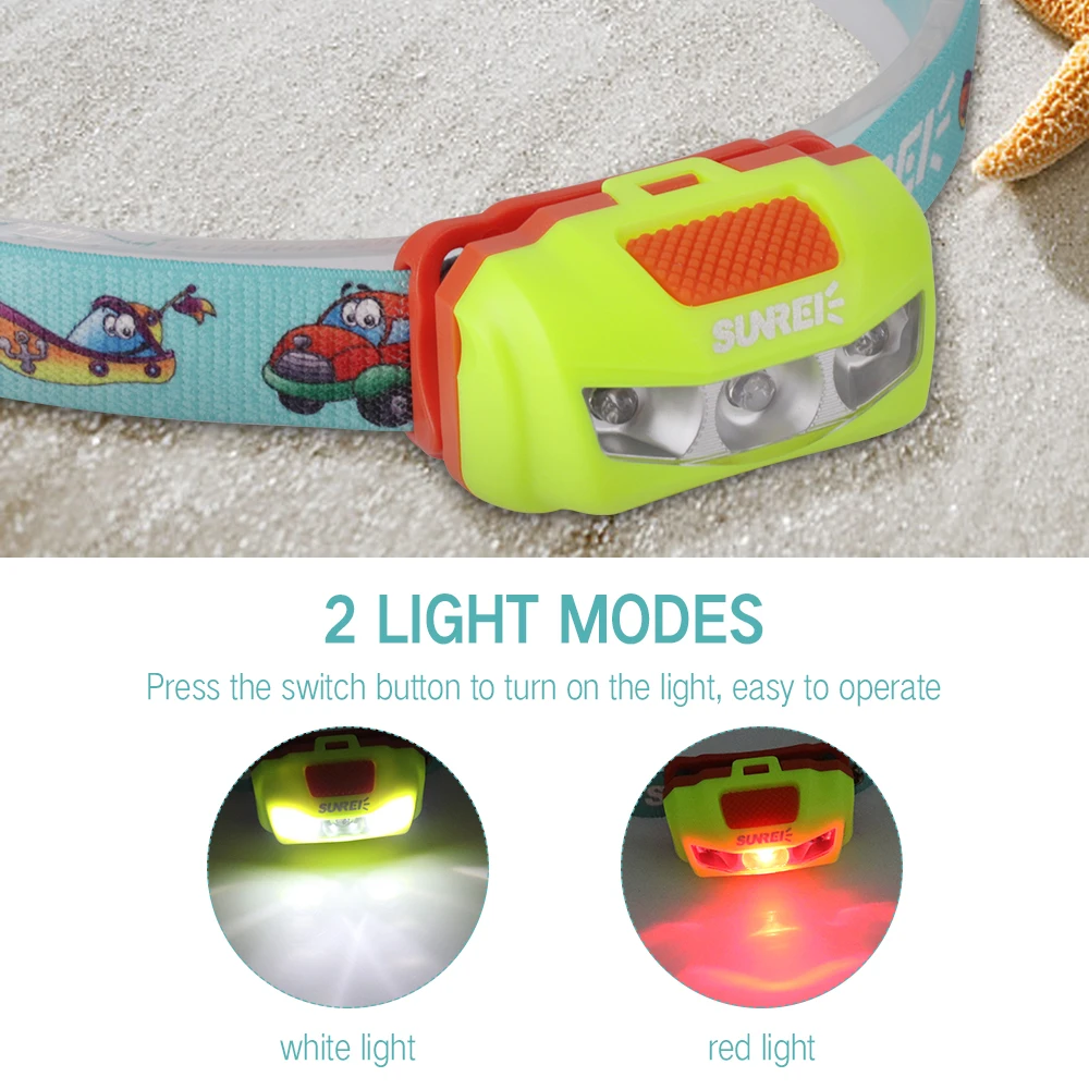 SUNREI детский светодиодный мини-налобный фонарь, белый и красный свет, 2 режима, водонепроницаемый Головной фонарь, аккумуляторный фонарь для ребенка