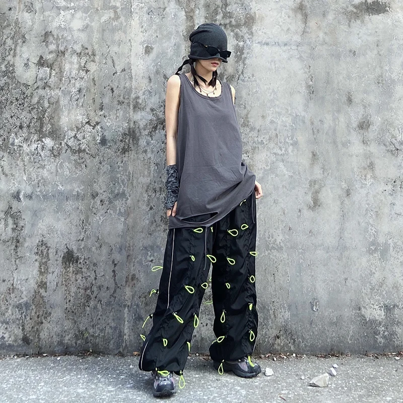 [EAM] High Elastic Waist Green Drawstring Wide Leg Long Trousers New Loose Fit Pants Women Fashion Tide Spring Autumn 2020 1X847