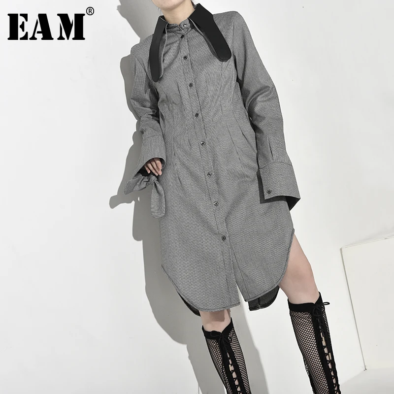 

[EAM] Women Gray Plaid Split Asymmetrical Hollow Out Dress New Lapel Long Sleeve Loose Fit Fashion Spring Autumn 2019 1A7070