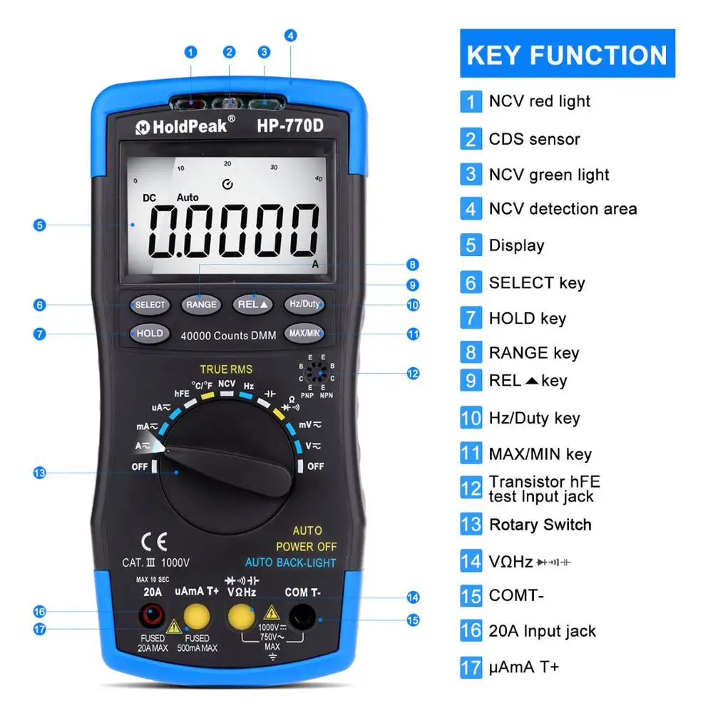 HoldPeak HP-770D True RMS Digital Multimeter Auto Range 40000 Counts Measure Ohm Volt Amp Capacitor Tester digital multimeter