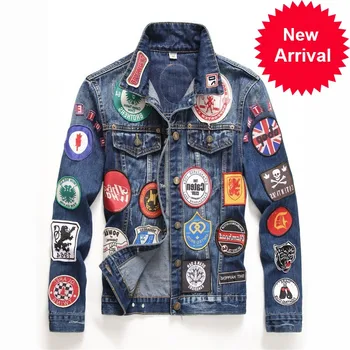 

Hop Mens Hip Jackets and Coats Vintage Badge Patches Painted Blue Denim Jacket Trendy Slim Patchwork Long Sleeve Coats
