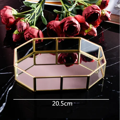 Креативная металлическая стеклянная коробка для хранения ювелирных изделий макияж бытовые продукты для настольного хранения геометрический прозрачный лоток - Цвет: 20.5x14x5cm