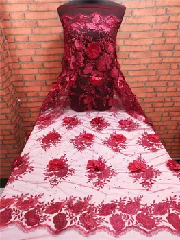 

Newest Wine French 3D applique Lace Fabric African Embroidered Tulle Lace Fabric Nigerian Lace Fabric For Wedding Party Dress