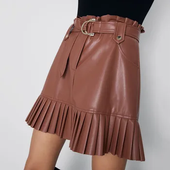 

Faux Leather Skirts Women Fashion Fold PU Skirt Women Elegant Tie Belt Waist Pockets Mini Skirts Female Ladies 2019