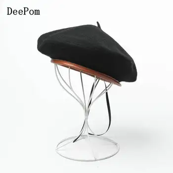 

DeePom Winter Hat Berets Female Wool Pu Leather Brim Women Warm Casual High Quality Women's Knitted Hats For Girls Painter Cap