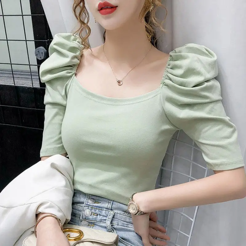 Women Sexy Stylish Solid Slim Blouse Summer Half Puff Sleeve Stretchy Sweet Square Neck Female French Palace Lolita Retro Camisa