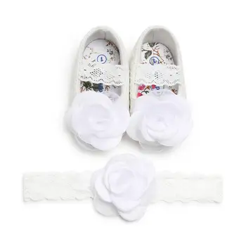 

Cute Baby Princess Girls Lace Prewalkers with flower + Headband 2PC soft bottom Shoes set