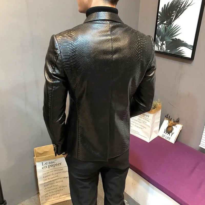 Winter Fleece Pu Leather Jacket Men Autumn Slim Fit Snake Pattern Elegant Business Work Blazer Mens Smart Casual Suit Jackets