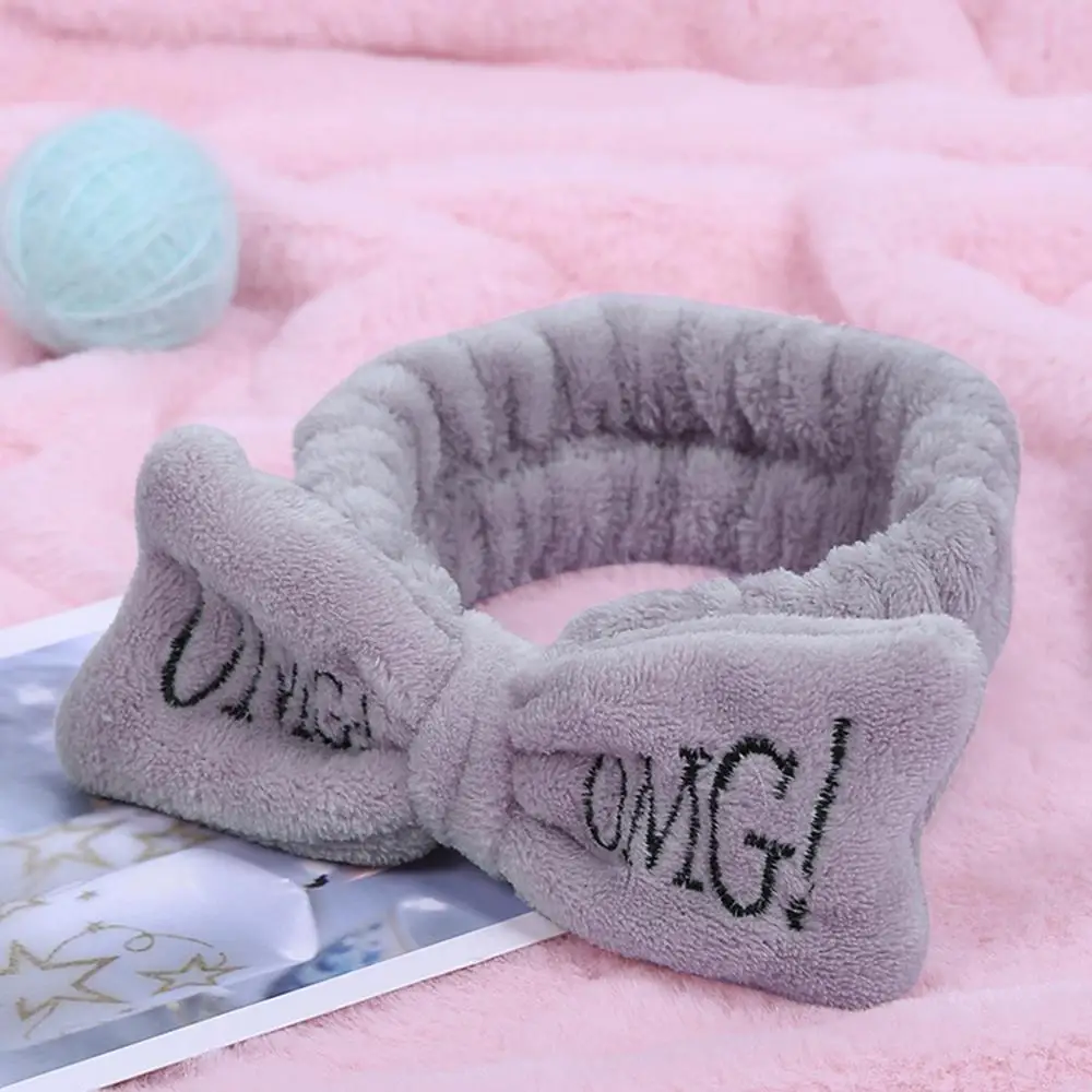 Women Girls SPA Wide Headband Cute Bowknot OMG Letters Embroidered Hairband Elastic Makeup Flannel Turban Candy Color Headwrap 8