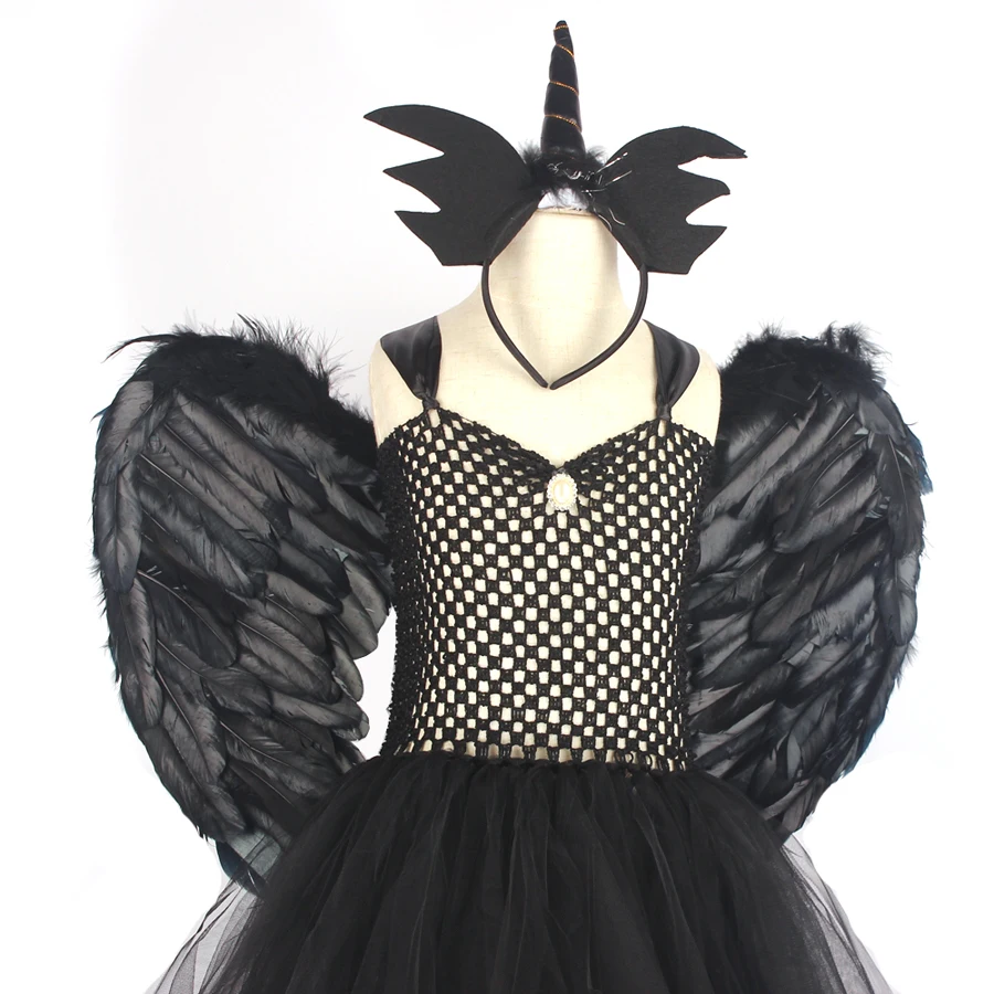 Black Fallen Angel Halloween Fancy Girls Tutu Dress V-neck Train Kids Cosplay Birthday Party Ball Gown Dress with Wings Costume (8)