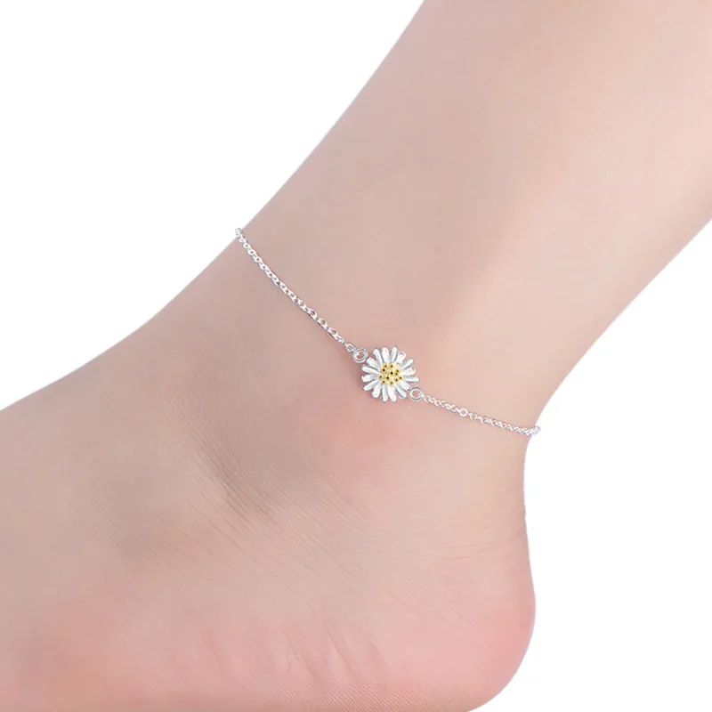 

Daisy silver plated anklet Sun flower jewelry for feet ankle bracelets yellow chrysanthemum foot accessories jewelry for womens