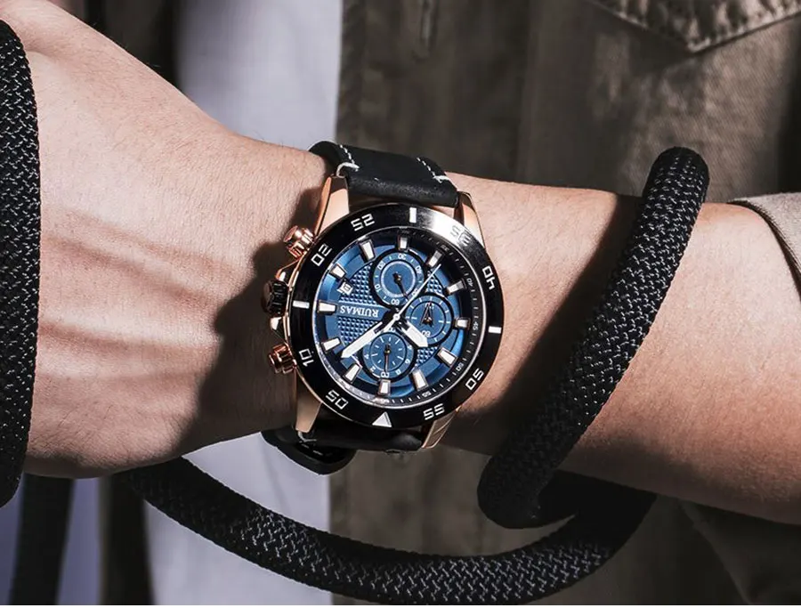 Мужские Военные Спортивные часы RUIMAS, Роскошные Кварцевые часы с кожаным ремешком, мужские часы от ведущего бренда с синим циферблатом, наручные часы с хронографом 572