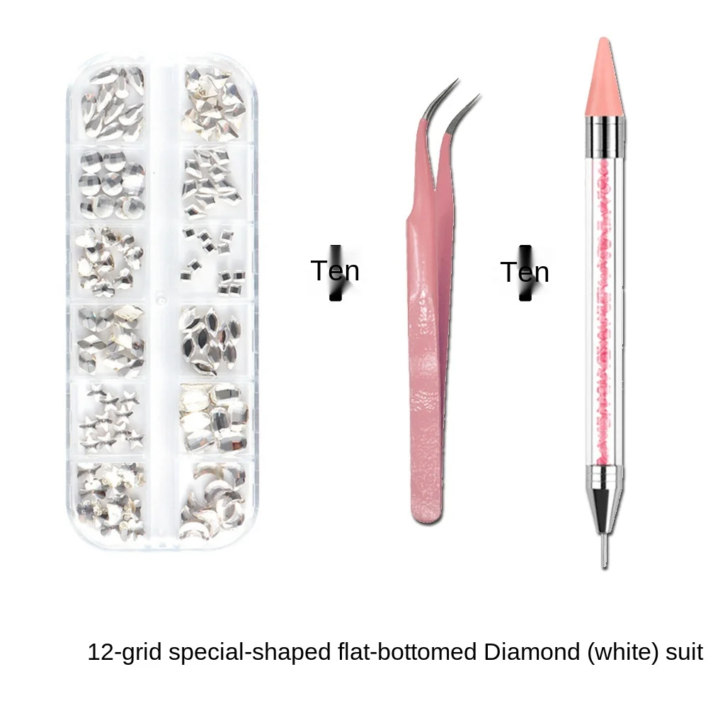 1Box Multi Size Glass Nail Rhinestones Mixed Colors Flat-back AB Crystal With tools 3D Charm Gems  Manicure Nail Art Decorations