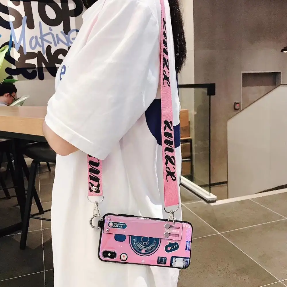 

Note 10Plus Blu-ray camera Pattern Strap Phone Case For Samsung A9 A8 A7 2018 s10 s9 s8 Plus M10 A10 Cute Cat Kickstand Coque