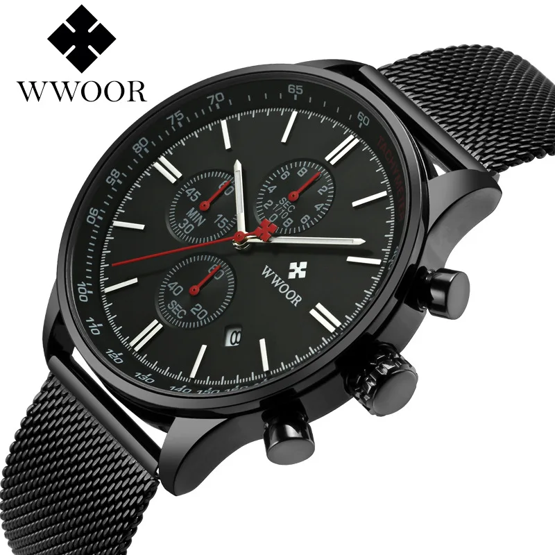 

Wwoor Brand Three-Eyed Six-pin Multi-functional Men Sports Watch Mesh Belt Quartz Watch