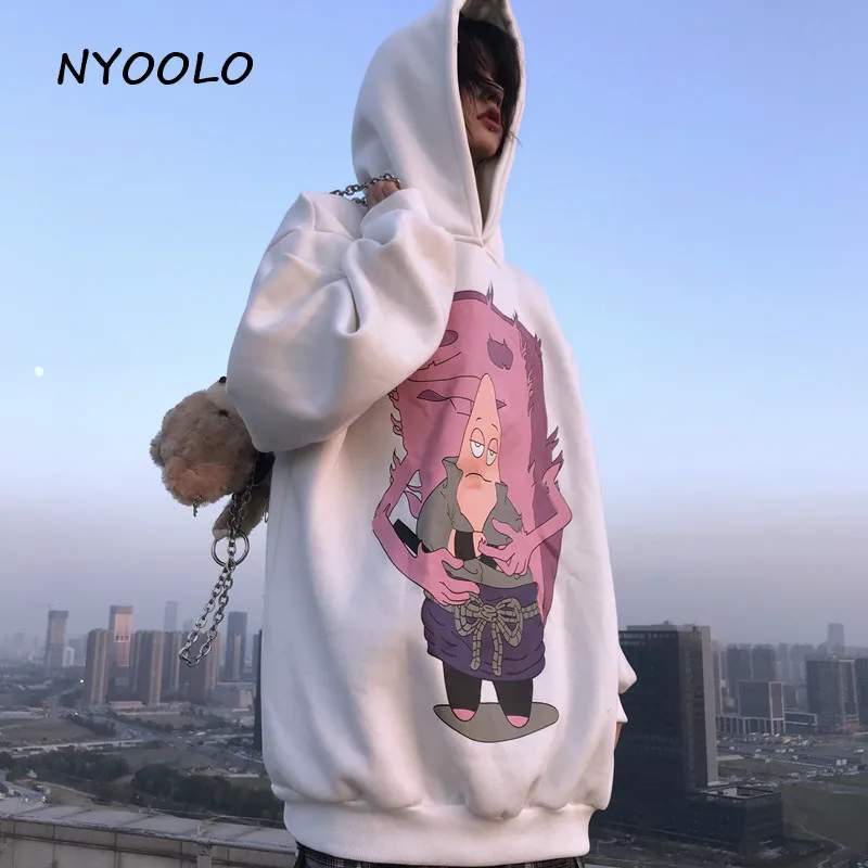 NYOOLO Harajuku street childlike мультфильм печати плюс бархат теплые толстовки Осень Зима Свободный пуловер толстовка с капюшоном для женщин мужчин
