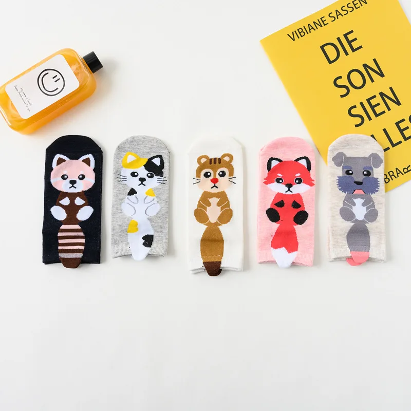 Носки с рисунком щенка, лисы, кота, милые носки с принтом животных, женские носки, Длинные хлопковые носки, набор забавных носков, осенние носки для девушек, 5 пар/лот